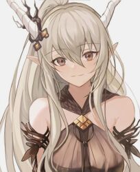 Rule 34 | 1girl, arknights, bare shoulders, blush, breasts, brown dress, brown eyes, closed mouth, commentary request, dress, grey hair, hair between eyes, horns, large breasts, looking at viewer, medium breasts, official alternate costume, pointy ears, ponytail, revision, shining (arknights), shining (silent night) (arknights), simple background, smile, solo, touchika, upper body, white background