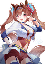 Rule 34 | 1girl, :d, animal ears, blue choker, blue thighhighs, blush, bow, breasts, brown hair, brown shorts, choker, cleavage, collarbone, commentary, cropped jacket, daiwa scarlet (umamusume), fang, female focus, garter straps, hair between eyes, hair bow, hair intakes, hand on own hip, hand up, highres, horse ears, jacket, long hair, long sleeves, looking at viewer, medium breasts, navel, open clothes, open jacket, open mouth, red bow, red eyes, segawa luna, short shorts, shorts, signature, simple background, smile, solo, starting future (umamusume), thighhighs, tiara, twintails, umamusume, v-shaped eyebrows, very long hair, white background, white jacket