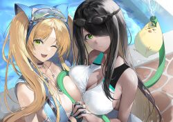 Rule 34 | &gt; &lt;, 2girls, anchor necklace, asymmetrical docking, azur lane, black choker, black gloves, black hair, blonde hair, breast press, breasts, choker, cleavage, competition swimsuit, dark-skinned female, dark skin, fingerless gloves, gloves, goggles, goggles on head, green eyes, hair over one eye, haori io, highres, hornet (azur lane), hornet ii (azur lane), hornet ii (racing across the waves) (azur lane), hose, jewelry, large breasts, light smile, long hair, looking at viewer, manjuu (azur lane), multiple girls, necklace, northampton (azur lane), northampton ii (azur lane), northampton ii (swimming star) (azur lane), official alternate costume, official art, one-piece swimsuit, open mouth, poolside, swimsuit, twintails, very long hair, wet, white one-piece swimsuit, zipper