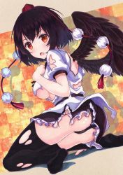 Rule 34 | 1girl, ass, black hair, black panties, black thighhighs, black wings, blush, breasts, brown eyes, checkered background, commentary request, feathered wings, from side, hat, highres, kittona, looking at viewer, medium breasts, no shoes, open mouth, panties, pom pom (clothes), puffy short sleeves, puffy sleeves, red hat, shameimaru aya, short hair, short sleeves, sitting, skirt, solo, sweat, thighhighs, tokin hat, torn clothes, torn skirt, torn thighhighs, touhou, underwear, wariza, wings