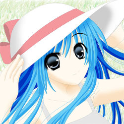 Rule 34 | 1girl, arin, blue eyes, blue hair, hat, long hair, lowres, matching hair/eyes, pangya, ribbon, smile, solo, sun hat