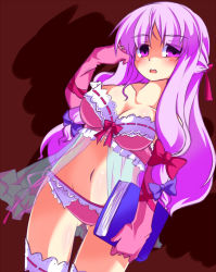 Rule 34 | 1girl, adjusting hair, book, bra, breasts, cleavage, elbow gloves, female focus, gin (shioyude), gloves, groin, hair ribbon, half updo, large breasts, lingerie, long hair, midriff, panties, patchouli knowledge, purple eyes, purple hair, ribbon, side-tie panties, solo, thighhighs, touhou, underwear