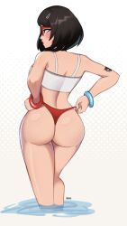 Rule 34 | 1girl, ass, backboob, bare shoulders, blush, breasts, brown hair, evie (fortnite), fortnite, from behind, hair ornament, hairclip, highres, huge ass, large breasts, looking away, magaska, medium breasts, open mouth, red eyes, short hair, sideboob, solo, strapless, tattoo, thong, tube top
