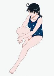 Rule 34 | 1girl, ahoge, bad id, bad twitter id, barefoot, black hair, blue one-piece swimsuit, brown eyes, collarbone, full body, grey background, invisible chair, kantai collection, long hair, looking at viewer, ojipon, one-piece swimsuit, polka dot, polka dot swimsuit, scrunchie, simple background, sitting, solo, swimsuit, ushio (kancolle), wrist scrunchie