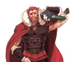 Rule 34 | 2boys, ^ ^, armor, bad id, bad pixiv id, beard, black hair, bob cut, cape, carrying, carrying over shoulder, closed eyes, closed eyes, facial hair, fate/stay night, fate/zero, fate (series), green eyes, hissiu, iskandar (fate), male focus, multiple boys, necktie, red hair, shoulder carry, size difference, waver velvet