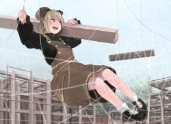 Rule 34 | 1girl, :d, arms up, black footwear, black shirt, blonde hair, blue sky, bow, brown bow, brown dress, brown eyes, commentary request, construction site, day, dress, full body, hair bow, hair bun, half updo, highres, holding, ichiba youichi, kurodani yamame, long sleeves, mundane utility, open mouth, outdoors, overalls, pocket, puffy sleeves, shirt, shoes, short hair, silk, single hair bun, sky, smile, socks, solo, spider web, touhou, white socks, wood