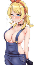 Rule 34 | ..., 1girl, alternate costume, annoyed, arms at sides, bare shoulders, black gloves, blonde hair, blue eyes, blue overalls, blush, bow, braid, breasts, cleavage, collarbone, cowboy shot, denim, gloves, hachimiya meguru, hair bow, half-closed eyes, idolmaster, idolmaster shiny colors, jewelry, kurozako, large breasts, looking at viewer, medium hair, naked overalls, necklace, no bra, overalls, puckered lips, short twintails, sideless outfit, sidelocks, sideways glance, simple background, solo, strap gap, twin braids, twintails, white background