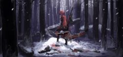 Rule 34 | 1girl, adapted object, back, blood, blood stain, bloodborne, cloak, crossover, forest, highres, hood, hood up, kaatoso, monster, nature, ruby rose, rwby, scythe, skirt, snow, snowing, solo, tree, weapon