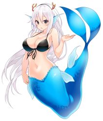 Rule 34 | 1girl, absurdres, bad id, bad pixiv id, bikini, bikini top only, black bikini, black eyes, blush, breasts, cleavage, commentary request, eyes visible through hair, fins, front-tie top, full body, hair between eyes, hand up, head fins, highres, horns, large breasts, long hair, looking at viewer, mermaid, monster girl, navel, open mouth, original, silver hair, simple background, solo, stomach, suruga (xsurugax), swimsuit, very long hair, white background