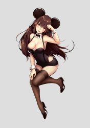Rule 34 | 1girl, :p, animal ears, bare shoulders, between breasts, black bow, black bowtie, black footwear, black shorts, blush, bow, bowtie, breasts, brown eyes, brown hair, brown thighhighs, cleavage, covered navel, detached collar, eyelashes, full body, fur trim, gogatsu no renkyuu, grey background, hair between eyes, hand on own thigh, hand up, high heels, highres, long hair, looking at viewer, matching hair/eyes, medium breasts, mouse ears, mouse tail, original, paw pose, shoes, short shorts, shorts, simple background, skin tight, skindentation, solo, strapless, suspender shorts, suspenders, tail, thighhighs, tongue, tongue out, wrist cuffs