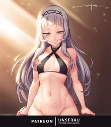 Rule 34 | 1girl, artist name, bare shoulders, blunt bangs, blush, bottomless, breasts, collarbone, hairband, half-closed eyes, halterneck, highres, hololive, long hair, looking at viewer, murasaki shion, murasaki shion (hololive summer 2019), navel, parted lips, patreon username, sidelocks, signature, silver hair, small breasts, smile, solo, stomach, sweat, teeth, unsfrau, very long hair, virtual youtuber, yellow eyes