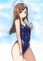 Rule 34 | 1girl, bare shoulders, blue eyes, blue one-piece swimsuit, blue sky, breasts, brown hair, closed mouth, cloud, collarbone, competition swimsuit, covered erect nipples, covered navel, cowboy shot, day, facing away, hair ornament, hand on own thigh, hand up, highres, johan (johan13), long hair, lumia waber, one-piece swimsuit, outdoors, phantasy star, phantasy star portable 2, sky, small breasts, solo, straight hair, swimsuit, thighs