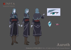 Rule 34 | 1girl, absurdres, back, black pants, blue eyes, blue hair, blue robe, blue skin, boots, brown footwear, character name, character profile, character sheet, closed mouth, colored skin, concept art, copyright name, crystal, dota: dragon&#039;s blood, dota (series), dota 2, facepaint, forehead, full body, gem, grey background, highres, insujoart, long hair, long sleeves, looking at viewer, multiple views, official art, open mouth, pants, robe, side ponytail, simple background, smile, winter wyvern (dota)