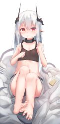Rule 34 | 1girl, absurdres, aoinu (aoinu 99), arknights, bare legs, barefoot, black tank top, clenched hands, commentary request, crop top, feet, flat chest, highres, horns, infection monitor (arknights), midriff, mudrock (arknights), navel, pointy ears, red eyes, revision, silver hair, simple background, solo, stomach, tank top, white background, aged down