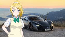 Rule 34 | 1girl, artist name, artist request, ayase eli, blonde hair, blue eyes, blush, bow, bowtie, breasts, car, collared shirt, female focus, green bow, hair between eyes, hair ornament, hair scrunchie, hand on own hip, high ponytail, long hair, long sleeves, looking at viewer, love live!, love live! school idol project, marussia, marussia b2, medium breasts, motor vehicle, otonokizaka school uniform, outdoors, parted lips, ponytail, school uniform, scrunchie, shirt, short hair, short sleeves, smile, solo, striped, striped bow, sweater vest, upper body, vest, white scrunchie, white shirt, yellow vest