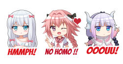 Rule 34 | 10s, 1boy, 2girls, :o, :t, ;d, arm up, astolfo (fate), astolfo (sailor paladin) (fate), bare shoulders, black bow, black hairband, blue eyes, blunt bangs, blush, bow, braid, capelet, chibi, clothes writing, crossed arms, crossover, elbow gloves, english text, eromanga sensei, fang, fate/grand order, fate (series), gloves, hair bow, hairband, highres, horns, index finger raised, izumi sagiri, kanna kamui, kazenokaze, kobayashi-san chi no maidragon, light purple hair, long hair, looking at viewer, low twintails, multicolored hair, multiple girls, neckerchief, off shoulder, official alternate costume, one eye closed, open mouth, parted lips, pink bow, pink hair, pink neckerchief, pointing, pointing up, pout, purple eyes, school uniform, serafuku, shirt, short sleeves, simple background, single braid, smile, streaked hair, trap, twintails, upper body, very long hair, white background, white hair, white shirt