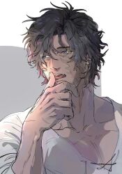Rule 34 | 1boy, black hair, blue eyes, clive rosfield, collarbone, facial scar, final fantasy, final fantasy xvi, gsg7pk, hair between eyes, highres, licking, licking finger, looking to the side, male focus, messy hair, muscular, muscular male, pectorals, scar, scar on cheek, scar on face, shirt, short hair, solo, tongue, tongue out, upper body, white shirt