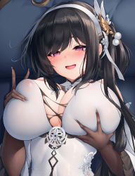 Rule 34 | 1girl, alternate breast size, azur lane, black hair, blush, grabbing another&#039;s breast, breasts, brown gloves, center opening, chen hai (azur lane), china dress, chinese clothes, covered erect nipples, cropped, dress, elbow gloves, gloves, grabbing, grabbing own breast, heart, heart-shaped pupils, huge breasts, long hair, o-yatsu, open mouth, purple eyes, see-through, see-through dress, solo, symbol-shaped pupils, upper body, white dress