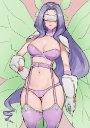 Rule 34 | 1girl, belt, bikini, boots, breasts, butterfly hair ornament, butterfly wings, cleavage, collarbone, commentary, covered eyes, cowboy shot, curvy, digimon, digimon (creature), digimon frontier, drill hair, facial mark, fairimon, fairy, fairy wings, garter straps, gauntlets, gloves, gluteal fold, groin, hair ornament, hairband, hand on own hip, highres, insect wings, korean commentary, large breasts, long hair, medium breasts, navel, panties, parted bangs, parted lips, purple belt, purple bikini, purple footwear, purple hair, purple hairband, purple panties, revealing clothes, seoyong, shoulder pads, simple background, skindentation, solo, standing, stomach, swimsuit, thigh boots, thigh gap, thighhighs, thong, underwear, very long hair, white gloves, wide hips, wings