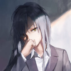 Rule 34 | 1girl, angelia (girls&#039; frontline), blazer, clenched hand, collared shirt, commentary request, covering own mouth, girls&#039; frontline, grey hair, hand to own mouth, highres, jacket, long hair, looking at viewer, open collar, ponytail, scar, scar on face, shirt, sidelocks, solo, upper body, viscum, white shirt, yellow eyes