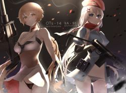 Rule 34 | 1girl, 9a-91, 9a-91 (girls&#039; frontline), ammunition pouch, artist name, assault rifle, beret, black gloves, black necktie, black panties, blonde hair, blue dress, blue eyes, blush, breasts, brown corset, bullpup, character name, choker, closed mouth, clothes lift, commentary request, copyright name, corset, cowboy shot, dress, dress lift, elbow gloves, girls&#039; frontline, gloves, gun, hair ornament, hat, highres, holding, holding gun, holding weapon, lips, long hair, looking at viewer, low twintails, medium breasts, navel, necktie, orange eyes, ots-14 (girls&#039; frontline), ots-14 groza, panties, ponytail, pouch, red choker, red hat, red scarf, rifle, saturndxy, scarf, see-through, silver hair, simple background, smile, solo, standing, star (symbol), star choker, star hair ornament, suppressor, twintails, underwear, weapon, white dress