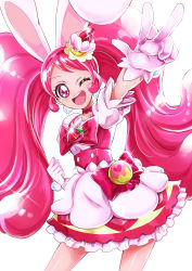 Rule 34 | 10s, 1girl, ;d, absurdres, animal ears, bow, rabbit ears, cake hair ornament, choker, cowboy shot, cure whip, duplicate, earrings, food, food-themed hair ornament, fruit, gloves, hair ornament, hairband, highres, jewelry, kirakira precure a la mode, layered skirt, long hair, looking at viewer, magical girl, one eye closed, open mouth, pink bow, pink choker, pink eyes, pink hair, pom pom (clothes), pom pom earrings, precure, red hairband, sharumon, skirt, smile, solo, strawberry, twintails, usami ichika, v, white background, white gloves, white skirt