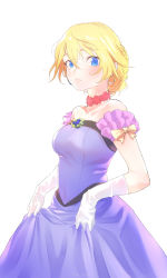 Rule 34 | 1girl, absurdres, alternate costume, blonde hair, blue dress, blue eyes, braid, brooch, choker, closed mouth, commentary, dress, formal, girls und panzer, gloves, gown, hair between eyes, hair up, highres, jewelry, long dress, looking at viewer, medium hair, messy hair, off-shoulder dress, off shoulder, oshida (girls und panzer), oze (xyz go go11), red choker, simple background, skirt hold, solo, standing, white background, white gloves