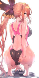Rule 34 | 1girl, absurdres, ass, bad id, bad twitter id, bare arms, bare shoulders, barefoot, blue eyes, butt crack, clarisse (granblue fantasy), commission, competition swimsuit, from behind, granblue fantasy, hair ornament, highres, long hair, looking at viewer, looking back, one-piece swimsuit, orange hair, parted lips, ponytail, skeb commission, smile, soles, solo, swimsuit, wakura (gcdan), wet, white background
