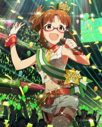 Rule 34 | 10s, :d, akizuki ritsuko, antenna hair, audience, brown hair, confetti, crown, fingerless gloves, glasses, gloves, idolmaster, idolmaster (classic), idolmaster million live!, microphone, music, official art, open mouth, singing, smile, solo, sweatdrop, thighhighs, wireless, wristband