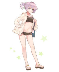 Rule 34 | 1girl, bag, bikini, bikini shorts, bikini under clothes, black bikini, blue eyes, blush, closed mouth, collarbone, full body, groin, hair between eyes, hand in pocket, jacket, kantai collection, long sleeves, looking at viewer, navel, open clothes, open jacket, pink hair, ponytail, sandals, shakemi (sake mgmgmg), shiranui (kancolle), short hair, shorts, shoulder bag, simple background, solo, standing, star (symbol), swimsuit, swimsuit under clothes, tankini, toes, white background, white jacket