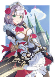 Rule 34 | 1girl, absurdres, apron, armor, armored dress, blue sky, braid, braided bangs, breasts, castle, cleavage, cloud, flower, genshin impact, green eyes, grey hair, hair flower, hair ornament, highres, holding, holding sword, holding weapon, looking at viewer, maid, maid apron, maid headdress, noelle (genshin impact), red flower, red rose, rose, sayu (user yjsz2885), short hair, shoulder armor, sky, smile, solo, sword, weapon