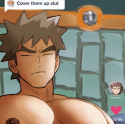 Rule 34 | 1boy, blurry, boulder badge, brock (pokemon), brown hair, chat log, closed eyes, closed mouth, commentary, creatures (company), dark-skinned male, dark skin, dialogue box, english commentary, english text, game freak, heart, highres, idoraad, large pectorals, male focus, meme, misty (pokemon), nintendo, nipples, pectorals, pokemon, pokemon hgss, pokemon lgpe, short hair, spiked hair, split mouth, topless male, twitter username