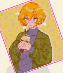 Rule 34 | 1boy, blonde hair, blush, coat, cup, disposable cup, drink, drinking straw, glasses, green coat, heart, limbus company, project moon, short hair, sinclair (project moon), solo, sweater, tongue, tongue out, uchimura (rino0525), upper body, yellow eyes