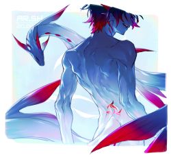 Rule 34 | 1boy, animal, animal ears, arsh (thestarwish), artist name, back tattoo, blue skin, colored skin, completely nude, dated, eel, fish boy, from behind, gills, glowing, male focus, muscular, nude, open mouth, original, red hair, rounded corners, tattoo