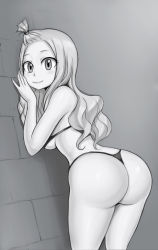 Rule 34 | 1girl, against wall, ass, fairy tail, highres, long hair, looking at viewer, looking back, mirajane strauss, monochrome, smile, solo, tagme, thong, white hair