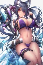 Rule 34 | 1girl, animal ears, annie (destiny child), bare shoulders, belt, belt buckle, bikini, black hair, braid, breasts, buckle, cleavage, commentary request, destiny child, elbow gloves, explosive, fingerless gloves, gloves, grenade, hair between eyes, heart, large breasts, long hair, looking at viewer, navel, purple eyes, simple background, snm (sunimi), solo, swimsuit, tail, twintails, white background
