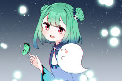 Rule 34 | 1girl, blue dress, blue hair, bug, butterfly, butterfly in eye, detached collar, detached sleeves, double bun, dress, fandead (uruha rushia), flat chest, gradient background, gradient hair, green hair, hair bun, hair ornament, hololive, insect, lights, medium hair, multicolored hair, night, night sky, red eyes, sakana (saka11205), simple background, skull collar, skull hair ornament, sky, uruha rushia, uruha rushia (1st costume), virtual youtuber, wide sleeves