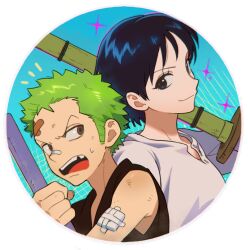 Rule 34 | 1boy, 1girl, aged down, bandaid, bandaid on face, bare shoulders, black eyes, blue hair, child, closed mouth, commentary request, dark blue hair, green hair, holding, holding weapon, kuina, one piece, open mouth, qin (7833198), roronoa zoro, short hair, smile, teeth, weapon