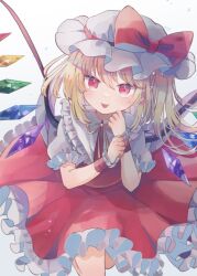 Rule 34 | 1girl, :p, blonde hair, blush, bow, crystal, eyebrows hidden by hair, flandre scarlet, frilled shirt collar, frilled skirt, frilled sleeves, frills, grey background, hair between eyes, hat, hat bow, hat ribbon, head tilt, hiyuu (hiyualice), kneeling, leaning forward, looking at viewer, medium hair, mob cap, multicolored wings, neck ribbon, one side up, petite, pointy ears, puffy short sleeves, puffy sleeves, red bow, red eyes, red ribbon, red skirt, red vest, ribbon, shirt, short sleeves, simple background, skirt, skirt set, solo, tongue, tongue out, touhou, vest, white background, white hat, white shirt, wings, wrist cuffs