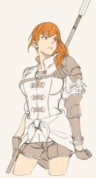 Rule 34 | 1girl, 5plus5, black gloves, female focus, fire emblem, fire emblem: three houses, gloves, highres, holding, holding spear, holding weapon, leonie pinelli, long hair, matching hair/eyes, nintendo, orange eyes, orange hair, polearm, ponytail, shorts, solo, spear, standing, weapon