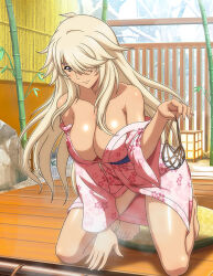 Rule 34 | 1girl, alternate costume, bare legs, barefoot, between legs, breasts, brown eyes, cleavage, closed mouth, clothes down, collarbone, day, egg (food), food, hair over one eye, hand between legs, holding, ikkitousen, japanese clothes, kimono, kneeling, large breasts, leaning forward, long hair, long sleeves, musashibou benkei (ikkitousen), open clothes, open kimono, outdoors, pink kimono, shiny skin, smile, solo, straight hair, very long hair, white hair