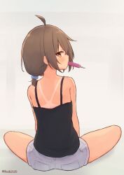 Rule 34 | 1girl, ahoge, artist name, back, black camisole, blush, brown hair, butterfly sitting, camisole, centi mnkt, commentary request, denim, denim shorts, food, food in mouth, hair ornament, hair scrunchie, highres, looking at viewer, looking back, original, partial commentary, ponytail, popsicle, popsicle in mouth, red eyes, scrunchie, short hair, short ponytail, shorts, sidelocks, simple background, sitting, sketch background, solo, tan, twitter username