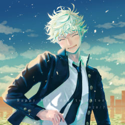 Rule 34 | 1boy, absurdres, black jacket, blue period, blue sky, character name, dated, closed eyes, happy birthday, hawatarit, highres, jacket, laughing, looking at viewer, necktie, outdoors, shirt, sky, solo, upper body, white hair, white shirt, yaguchi yatora
