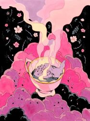 Rule 34 | 1other, above clouds, animal focus, black background, black cloud, cloud, colored sclera, cup, deer, falling flower, falling petals, fawn, fleebites, flower, highres, in container, in cup, leaf, limited palette, liquid, no humans, on cloud, original, partially submerged, petals, pink clouds, pink flower, pink petals, pink sclera, pink theme, purple eyes, purple fur, steam, tea, teacup, thorns