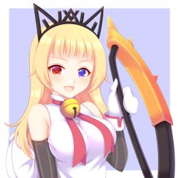 Rule 34 | 1girl, :d, bare shoulders, bell, black sleeves, blonde hair, blue background, blue eyes, blush, breasts, commentary request, detached sleeves, hand up, heterochromia, highres, holding, jingle bell, long hair, looking at viewer, medium breasts, mittens, open mouth, original, red eyes, sakurato ototo shizuku, shirt, sleeveless, sleeveless shirt, smile, solo, striped, striped sleeves, two-tone background, upper body, vertical stripes, white background, white mittens, white shirt