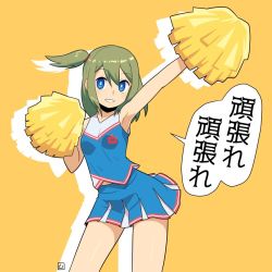 Rule 34 | 1girl, arm up, armpits, bare shoulders, blue eyes, blue shirt, blue skirt, breasts, cheerleader, drop shadow, green hair, hair between eyes, holding, muu (mumumer), one side up, orange background, original, outstretched arm, pleated skirt, pom pom (cheerleading), shirt, skirt, sleeveless, sleeveless shirt, small breasts, smile, solo, standing, translation request, yunomiya agari