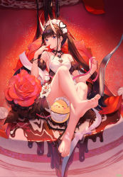 Rule 34 | 1girl, absurdres, apron, atdan, azur lane, bare legs, bare shoulders, barefoot, black dress, black hair, blunt bangs, breasts, cake, cream on body, detached sleeves, dress, feet, flower, food, fork, fruit, full body, highres, holding, holding food, holding fruit, holding ribbon, horns, long hair, looking at viewer, maid headdress, manjuu (azur lane), medium breasts, noshiro (azur lane), noshiro (hold the ice) (azur lane), official alternate costume, oni horns, pink ribbon, puffy short sleeves, puffy sleeves, purple eyes, red flower, red rose, revision, ribbon, rose, short sleeves, sitting, soles, solo, strawberry, thorns, toes, twintails, very long hair, white apron