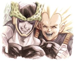 Rule 34 | :d, arm around shoulder, blonde hair, cell (dragon ball), dragon ball, dragonball z, closed eyes, facing viewer, gloves, grin, laughing, open mouth, perfect cell, saiyan armor, sakkan, smile, vegeta, white gloves