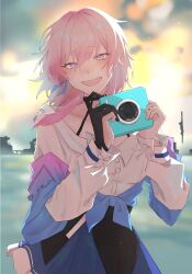 Rule 34 | 1girl, archery shooting glove, black gloves, blue eyes, blue jacket, blue skirt, camera, commentary request, cowboy shot, dress shirt, gloves, gradient jacket, hair between eyes, hair intakes, half-closed eye, highres, holding, holding camera, honkai: star rail, honkai (series), isa (isa34p 4), jacket, long sleeves, looking at viewer, march 7th (honkai: star rail), medium hair, open mouth, outdoors, partially fingerless gloves, pink eyes, pink hair, pink jacket, pleated skirt, shirt, single glove, skirt, smile, solo, standing, tied jacket, two-tone eyes, white shirt