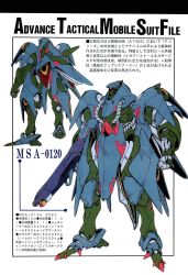 Rule 34 | absurdres, back, beam rifle, clenched hand, concept art, cyber comix, energy gun, fujita kazumi, full body, gun, gundam, gundam f90, highres, holding, holding gun, holding weapon, mecha, mobile suit, msa-0120, no humans, non-web source, one-eyed, orange eyes, robot, scan, simple background, standing, translated, tube, weapon, weapon name, white background